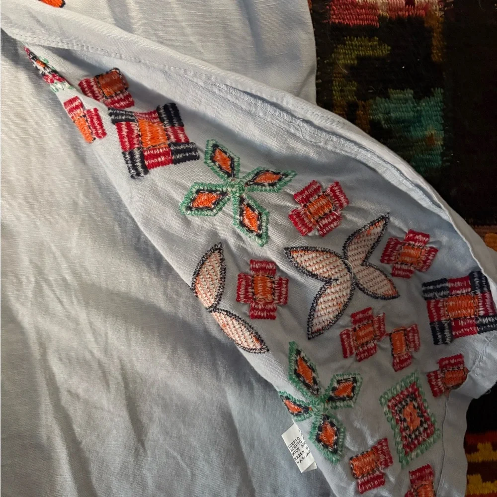 Embroidered Light Blue TRF Dress with Red and Orange Accents - Picture 5 of 9